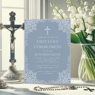 First Communion Dusty Blue Elegant Silver Leaves Invitation