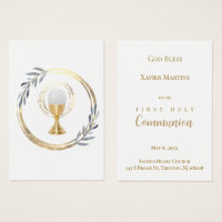 First Communion dusty blue leaves remembrance card