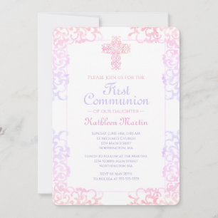 First Communion Elegant Pastel Damask Cross Girl Invitation