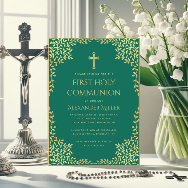 First Communion Emerald Green Gold Leaves Vintage Invitation (Creator Uploaded)