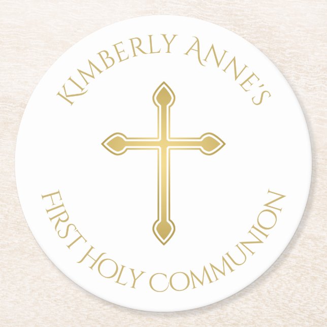First Communion Faux Cross Monogrammed Name Round Paper Coaster (Front)