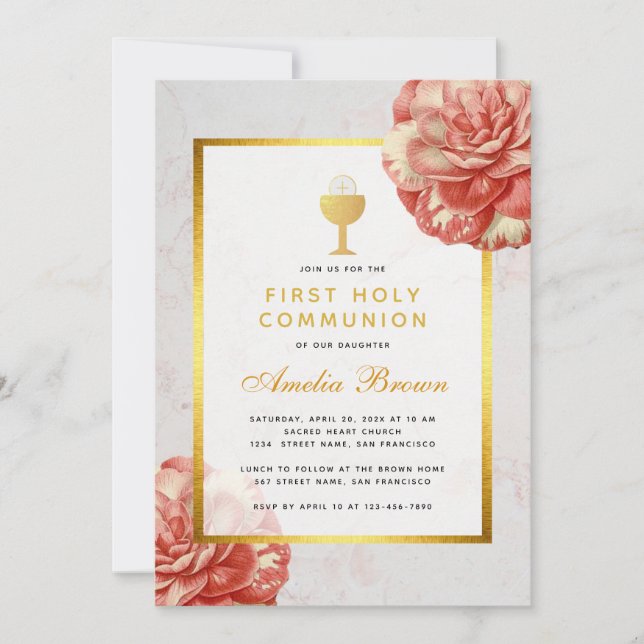 First Communion Faux Gold Floral Pink Camellia Invitation (Front)