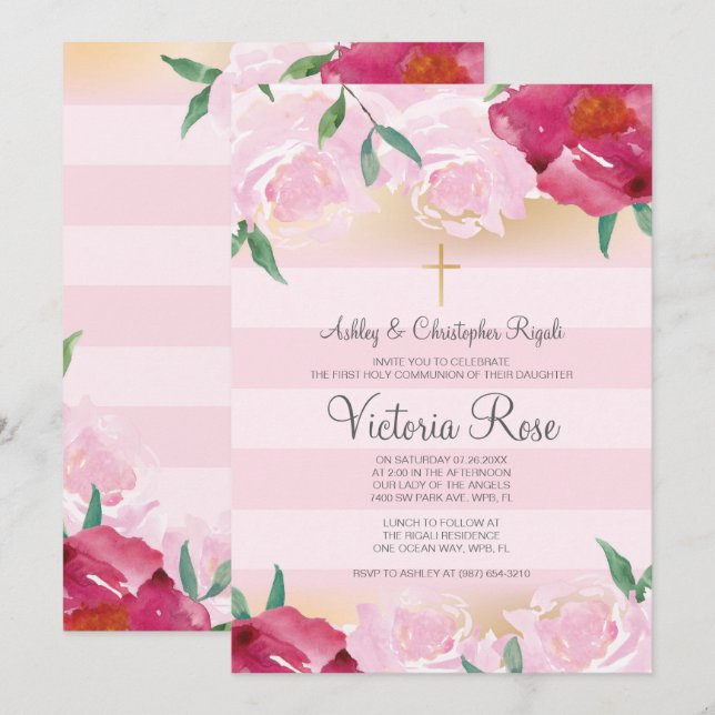 First Communion ~ Faux Gold Floral Pink Stripe Invitation (Front/Back)