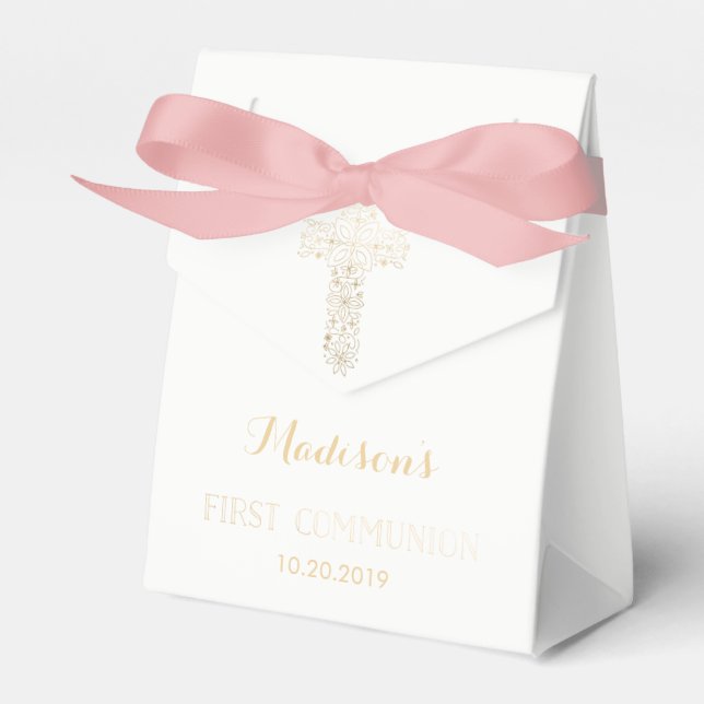 First Communion Favour Box, Gold Cross Favor Box (Front Side)