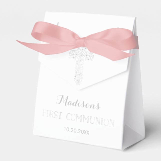 First Communion Favour Box, Silver Cross Favor Box (Front Side)