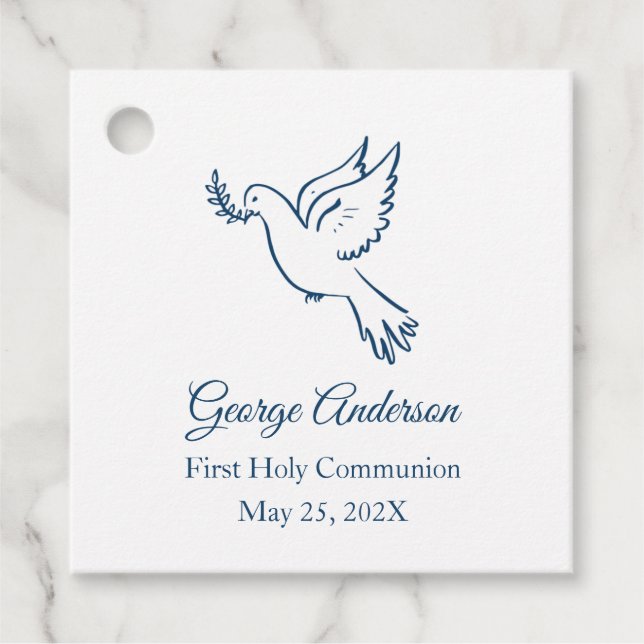 First Communion Favour Tag with Blue Dove (Front)