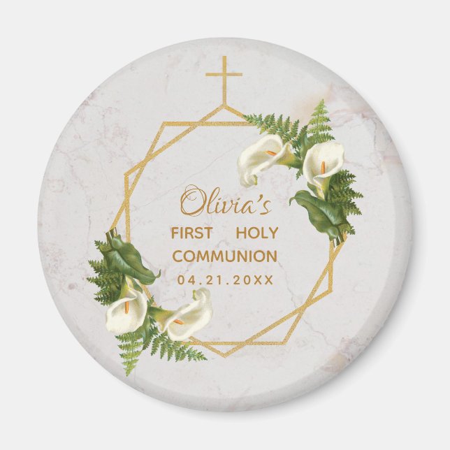 First Communion Floral Calla Lilies Gold Marble Magnet (Front)