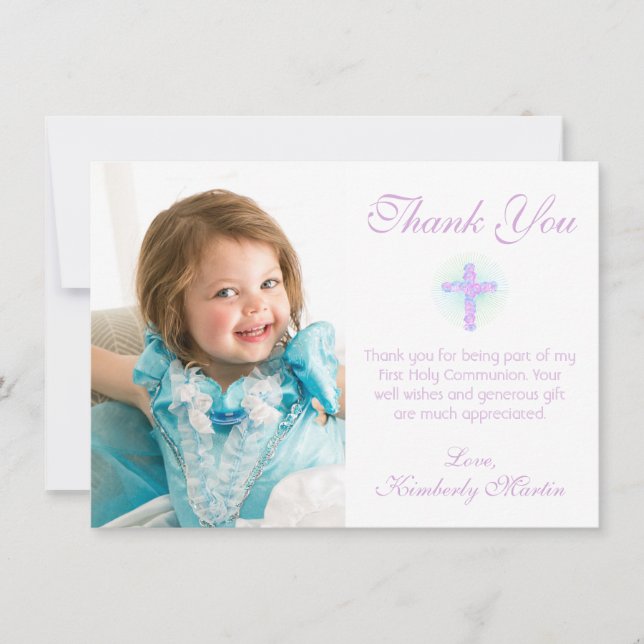 First Communion Floral Cross Lavender Aqua Photo Thank You Card (Front)