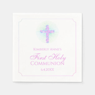 First Communion Floral Cross Lavender Monogrammed Napkin