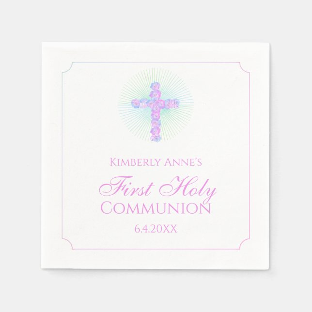 First Communion Floral Cross Lavender Monogrammed Napkin (Front)