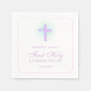 First Communion Floral Cross Lavender Monogrammed Napkin