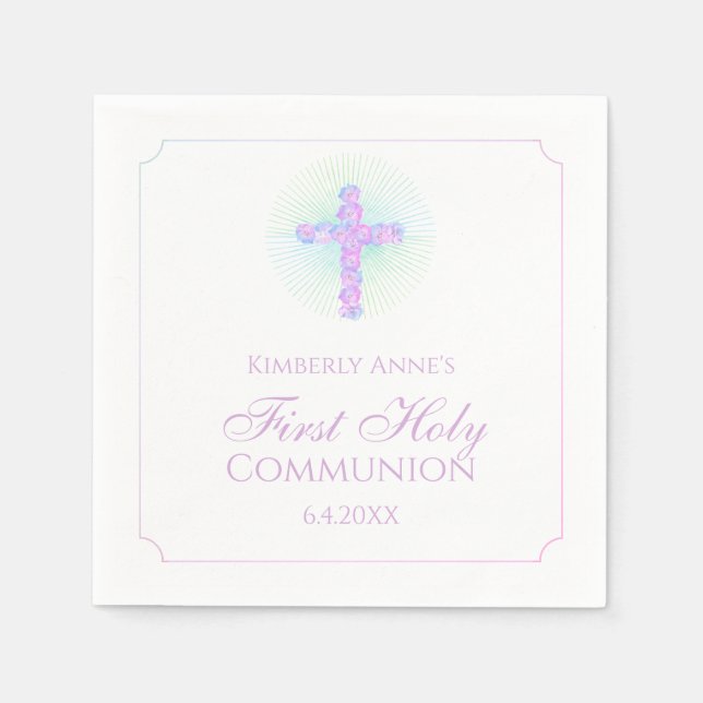 First Communion Floral Cross Lavender Monogrammed Napkin (Front)