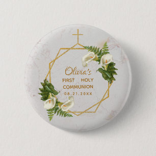 First Communion Floral Gold Marble Calla Lilies 2 Inch Round Button
