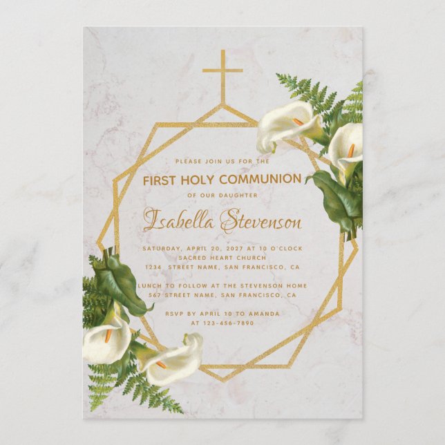 First Communion Floral Gold Marble Calla Lilies Invitation (Front)