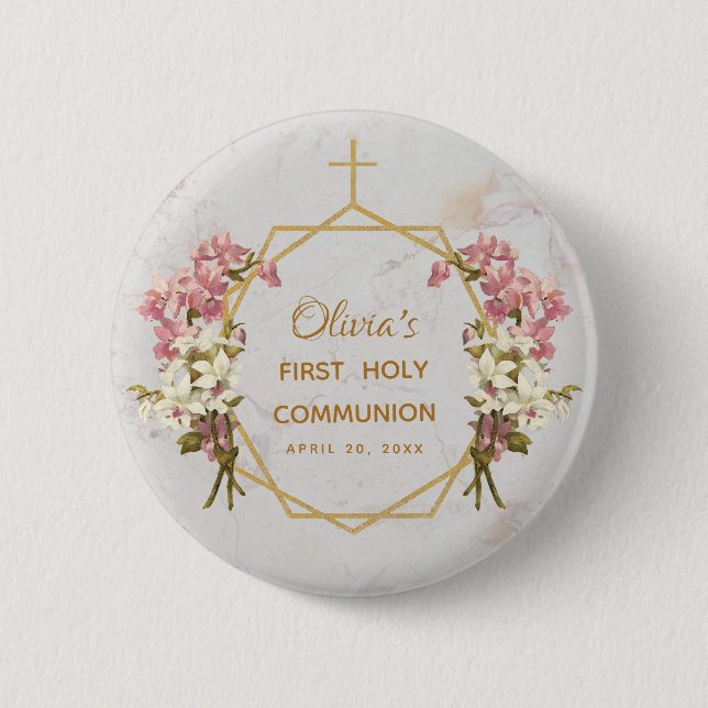 First Communion Floral Gold Marble Pink Orchids 2 Inch Round Button (Front)