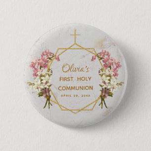First Communion Floral Gold Marble Pink Orchids 2 Inch Round Button