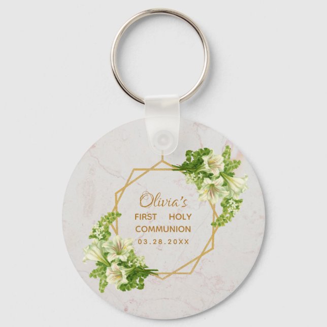 First Communion Floral Marble Gold White Lilies  Keychain (Front)