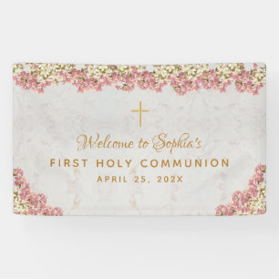 First Communion Floral Pink Orchids Script Welcome Banner