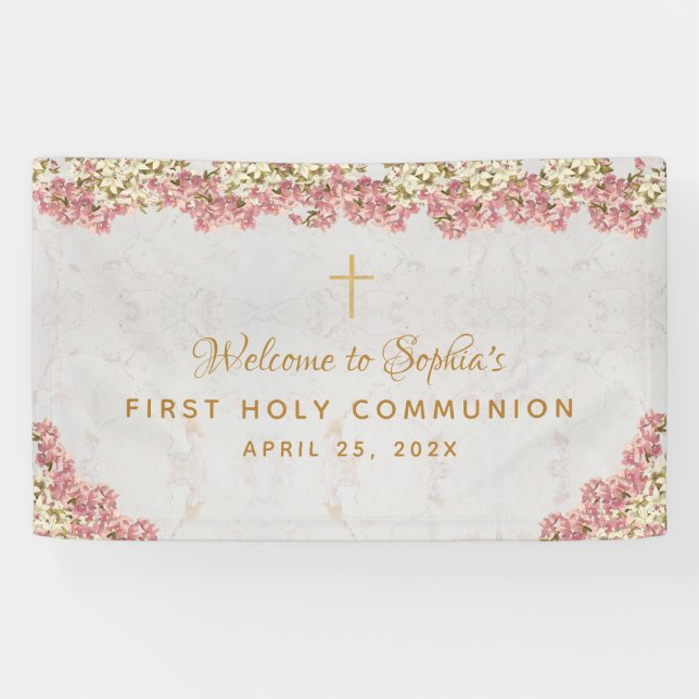 First Communion Floral Pink Orchids Script Welcome Banner (Horizontal)