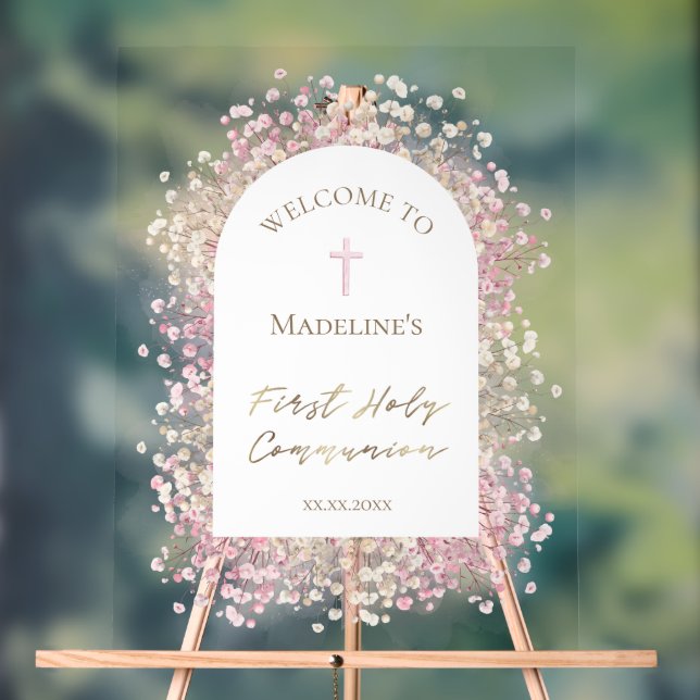 First Communion floral welcome Acrylic Sign (Neutral)