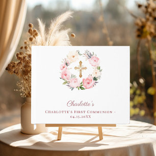 First Communion floral wreath pink girl Guest Book