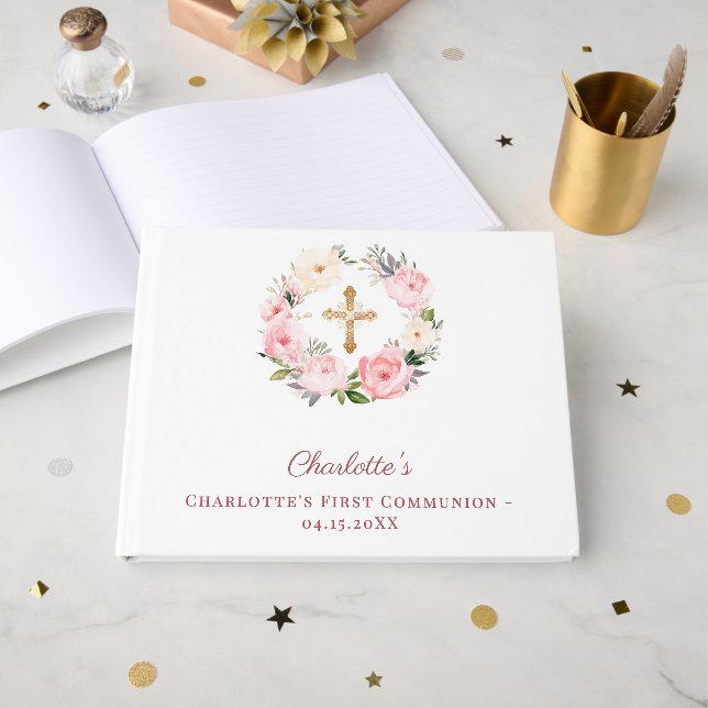 First Communion floral wreath pink girl Guest Book (Front Open)