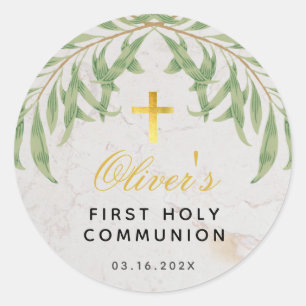 First Communion Foliage Marble Faux Gold Cross Classic Round Sticker
