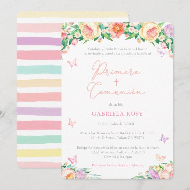 First Communion for Girl in Spanish, English Roses Invitation (Front/Back)