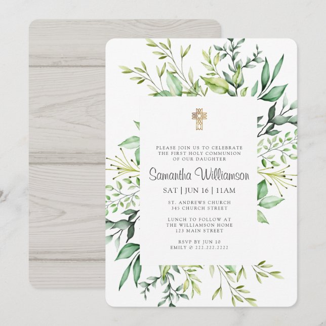 First Communion For Her Rustic Foliage Gold Cross Invitation (Front/Back)