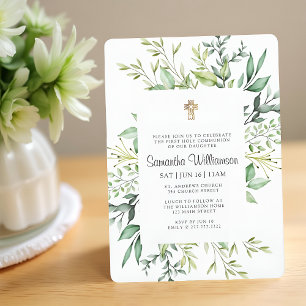 First Communion For Her Rustic Foliage Gold Cross Invitation