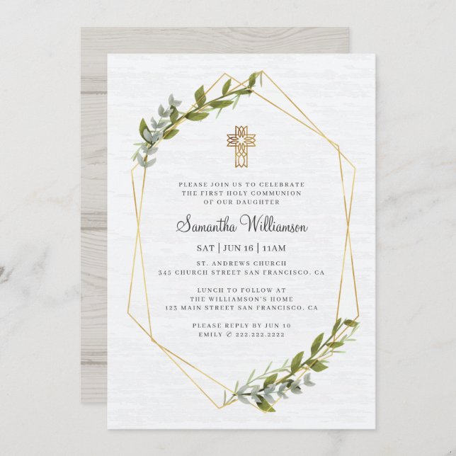 First Communion For Her Rustic Geometric Floral Invitation (Front/Back)