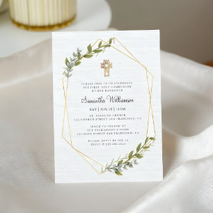First Communion For Her Rustic Geometric Floral Invitation