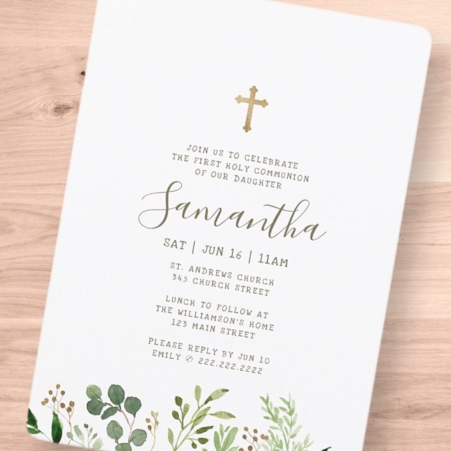 First Communion For Her Watercolor Foliage Cross Invitation (Creator Uploaded)