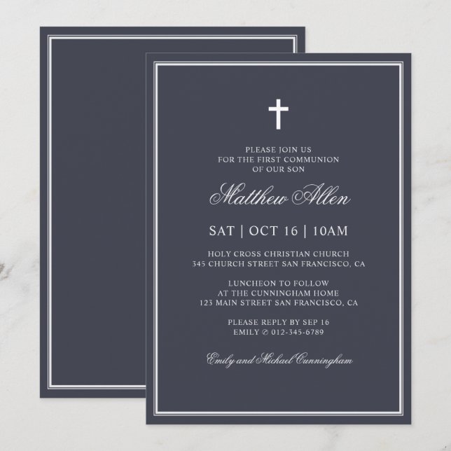 First Communion For Him | Elegant Classic Cross Invitation (Front/Back)
