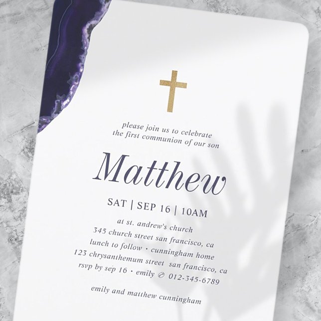 First Communion For Him Geode Faux Gold Cross Invitation (Creator Uploaded)