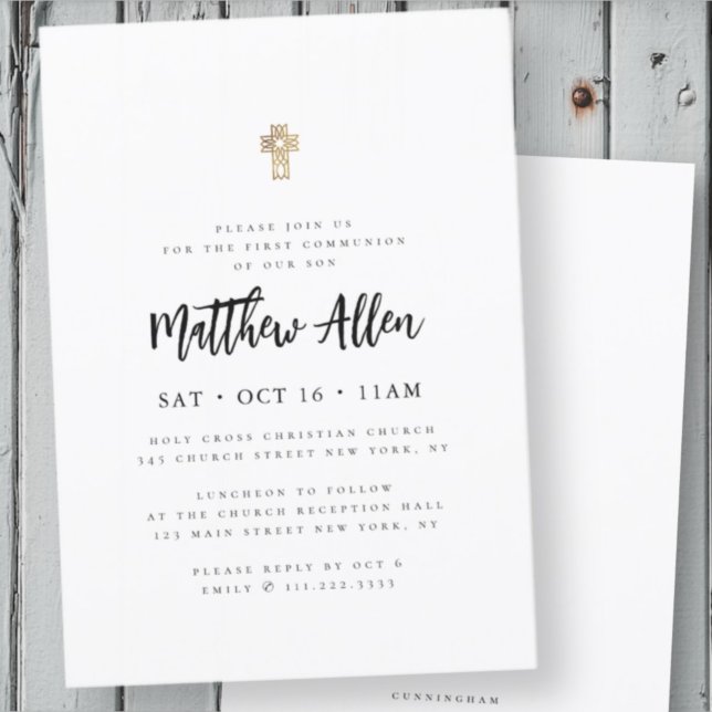 First Communion For Him Modern Minimalist Cross Invitation (Creator Uploaded)