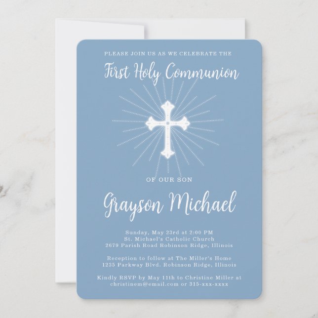 First Communion for Son Dusty Blue Cross Invitation (Front)