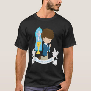 First Communion Gift Kids Brown Hair Boy Rosary So T-Shirt