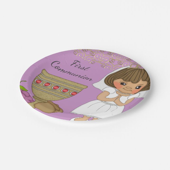 First Communion Girl in Purple Paper Plate (Angled)
