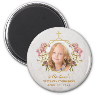 First Communion Girl Photo Floral Gold Pink Orchid Magnet
