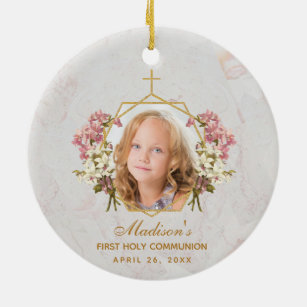 First Communion Girl Photo Floral Pink Orchid Gold Ceramic Ornament