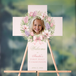 First Communion Girl Photo & Floral Wreath Welcome Acrylic Sign