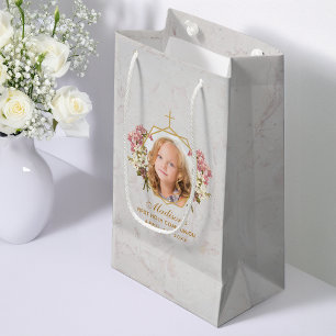 First Communion Girl Photo Marble Gold Pink Orchid Small Gift Bag