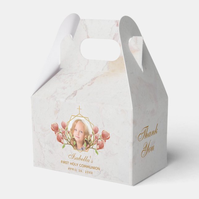 First Communion Girl Photo Marble Pink Magnolia  Favor Box (Front Side)