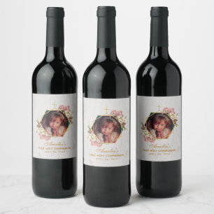 First Communion Girl Photo Orchids Gold Marble Wine Label