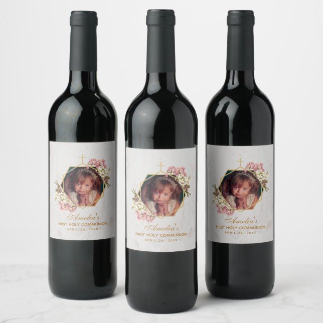 First Communion Girl Photo Orchids Gold Marble Wine Label (Bottles)