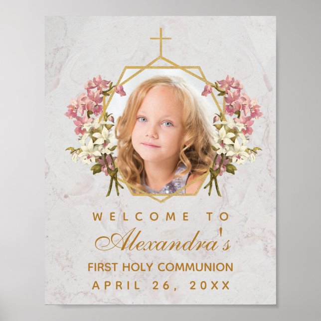 First Communion Girl Photo Pink Orchids Welcome Poster (Front)