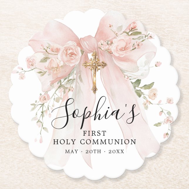 First Communion Girl Pink Bow Roses Custom Paper Coaster (Front)