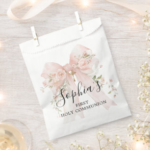 First Communion Girl Pink Bow Roses Thank You Favour Bag