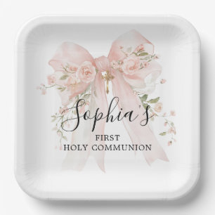 First Communion Girl Pink Bow Roses Thank You Paper Plate
